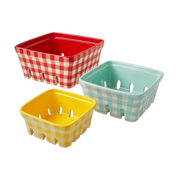 🌺♥️ New The Pioneer Woman Gingham 3-Piece Ceramic Fruit Basket Set - Picture 2 of 8